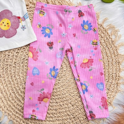 Conj. Blusa Bolsinha de Florzinha e Calça Canelada - Off White e Rosa